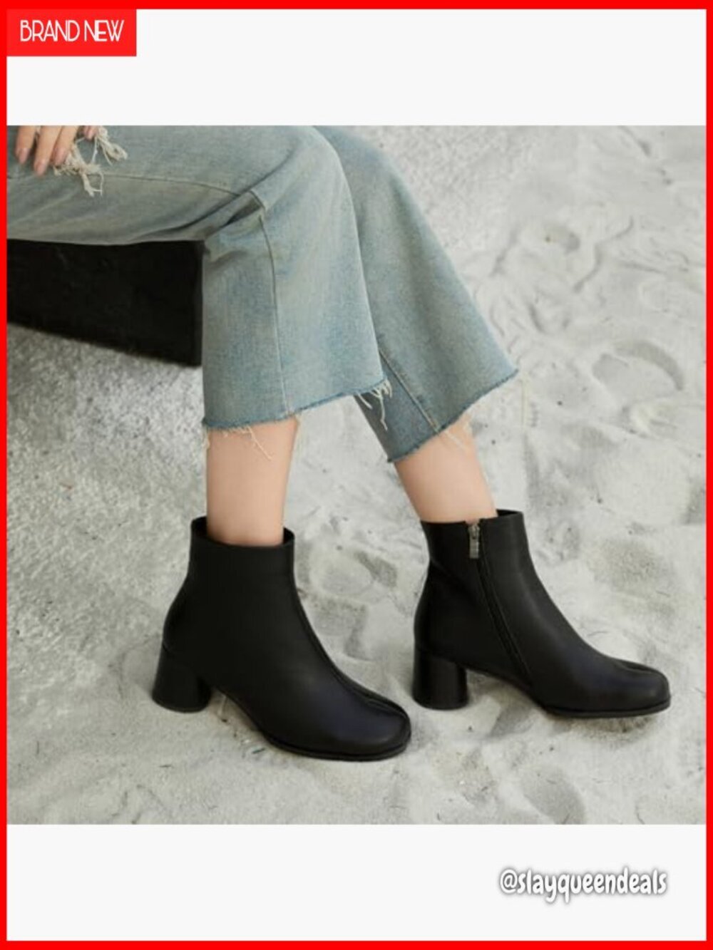 Faux Leather Tabi Ankle Boots Chunky Low Heel Side Zipper Booties - Picture 3 of 7